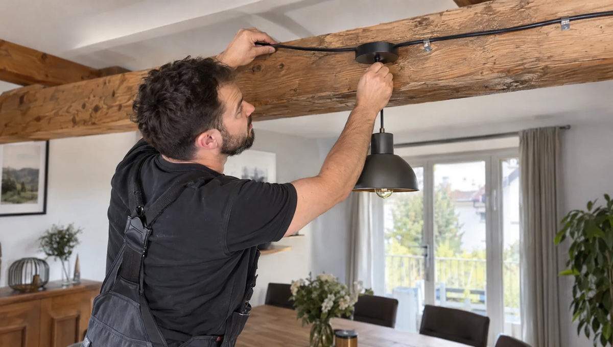 Hängende Lampen über dem Tisch bei Dachbalken befestigen