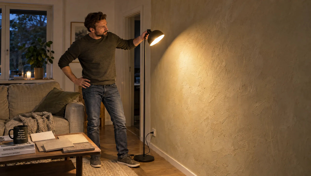 Wabi-Sabi-Stil mit Streiflicht an Kalkputzwänden betonen